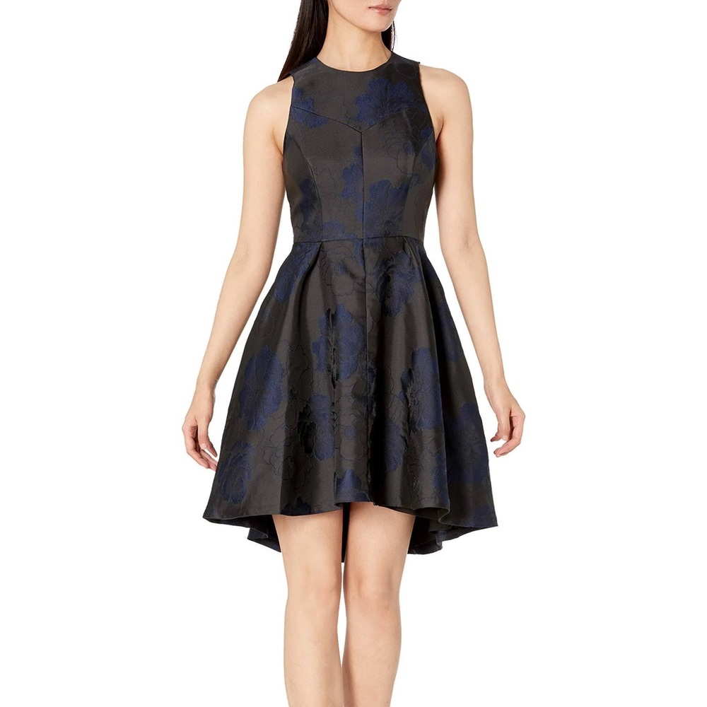 Halston Heritage Women's Fit and Flare Floral Jacquard Mini Dress size 12 Black